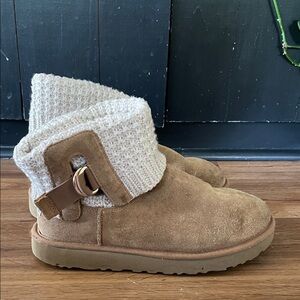 UGG Fold-Over Suede Boot with Knit Cuff - Brown/Cream